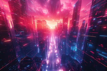 Obraz premium A futuristic cityscape with towering skyscrapers illuminated by neon lights under a pink and blue sky, high-speed movement and a vibrant atmosphere , advanced technology and urban energy