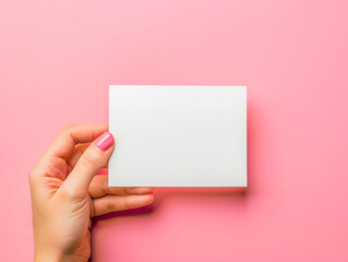 Obraz premium Hand holding a blank white card against a vibrant pink background, perfect for mockups, invitations, and minimalist designs.