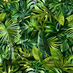 A seamless vector pattern of tropical leaves and plants. Illustrate various types of leaves such as monstera, palm, and banana leaves in a detailed and vibrant style. Use rich, green hues and arrange