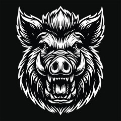 Dark Art Scary Wild Boar Head Black and White Illustration