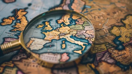 Map of Europe with Magnifying Glass Focusing on Countries