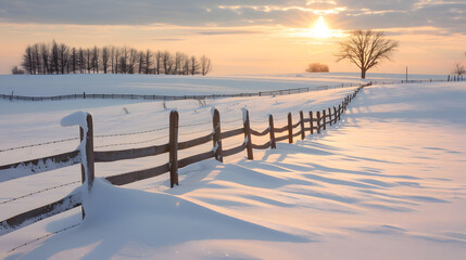 Naklejka premium An expansive winter field, blanketed in freshly fallen snow, with a lone wooden fence cutting across the scene. The fence creates a striking contrast against the white landscape. In the distance, a sm