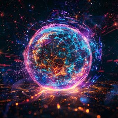Neon Energy Sphere Surrounded by Dynamic Particles