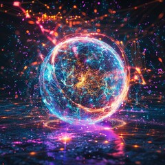 Obraz premium Neon Energy Sphere Surrounded by Dynamic Particles