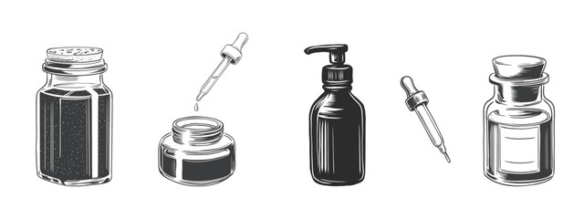 Hand drawn bottles and package for cosmetics, pipette with lotion. Vector ink sketch isolated on white background. Monochrome black and white engraving. Skincare concept.