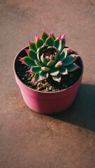 A close-up of a pink fuchsia cactus in a pink pot, bathed in the warm glow of golden hour