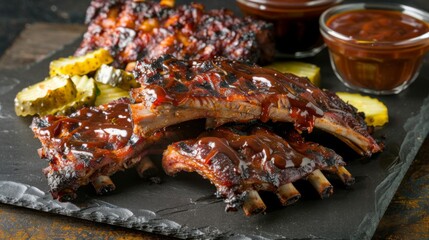A platter of tender grilled pork ribs with a side of barbecue sauce and pickles
