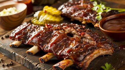 A platter of tender grilled pork ribs with a side of barbecue sauce and pickles