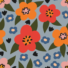 Seamless flower pattern. Vibrant flower repeated print. Bold and bright floral print. Summer background. Flowers and leaves ornament. Perfect for stationary, fabric, packaging, wrapping, textile.