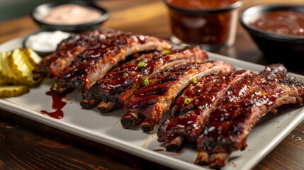 A platter of tender grilled pork ribs with a side of barbecue sauce and pickles