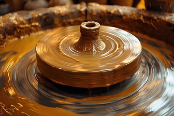 Pottery being formed on a spinning wheel in a workshop