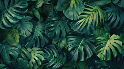 Tropical leaves background, banner with green floral pattern
