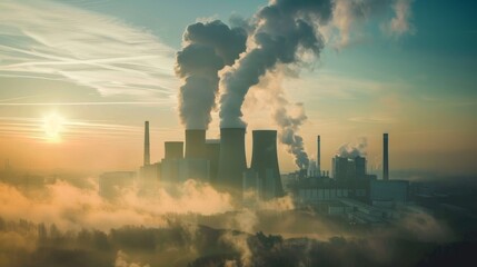 A power plant emitting smoke and pollutants into the atmosphere, contributing to global warming