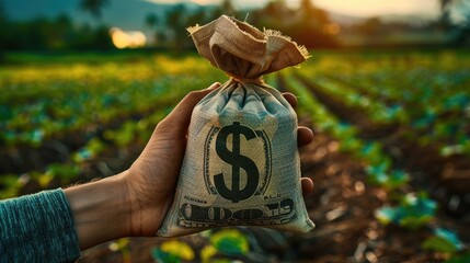 A hand holds out a dollar money bag on a background of a farm field. Lending farmers and agricultural enterprises for purchase land and seed material, equipment modernization Support and subsidies