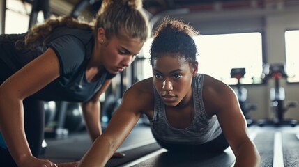 Fototapeta premium Teenager working on core strength exercises with a coach in a gym setting, highly detailed photograph, ultra-sharp and clear
