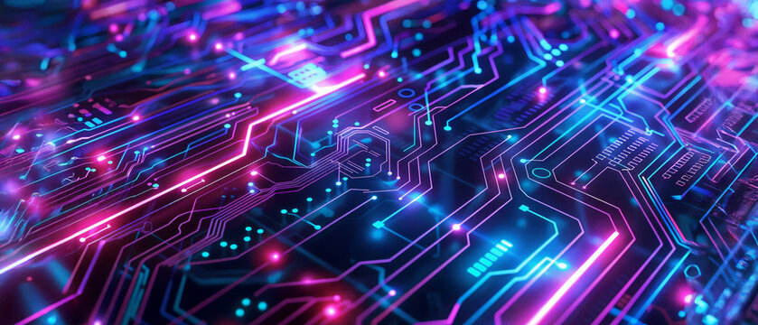 Fondo abstracto con un patr&oacute;n de placa de circuito y luz de ne&oacute;n, al estilo del dise&ntilde;o de banner conceptual de tecnolog&iacute;a cibern&eacute;tica. Interfaz digital de alta tecnolog&iacute;a con l&iacute;neas azules y moradas