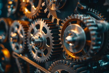 Close up View of Intricate Gears and Cogs in Industrial Machinery