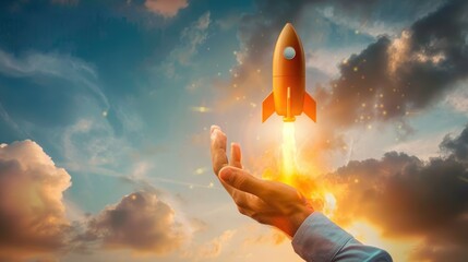 Businessman-controlled rocket is launching and soaring from hand into the sky for growing business, fast business success, and startup business concept