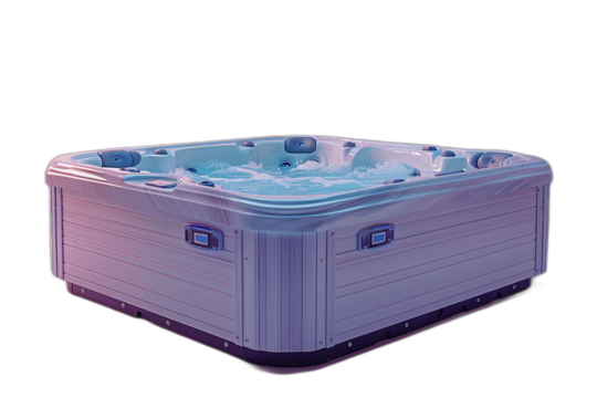 A white and blue hot tub with blue water filling the tub on a transparent background