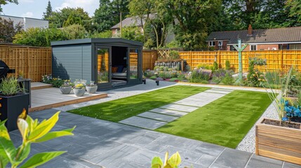 A general view of a back garden with artificial grass, grey paving slab patio, flower bed with plants, timber fences, blue shed, summer house garden timber outbuilding