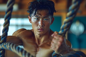 Obraz premium Muscular shirtless man holding rope