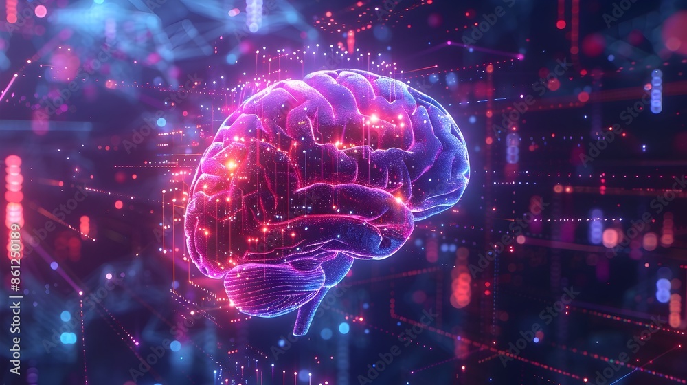 Poster futuristic glowing brain with holographic data streams and abstract geometric patterns