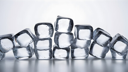 close-up photo of a few transparent ice cubes. Each ice cube is clear and sparkling, reflecting the white background and capturing its purity. The cubes are arranged in a minimalist way