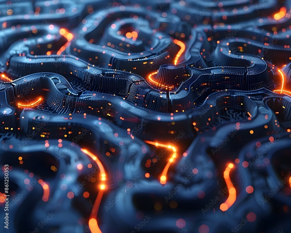 Poster intricate brain maze with glowing pathways representing complex thought processes