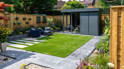 A general view of a back garden with artificial grass, grey paving slab patio, flower bed with plants, timber fences, blue shed, summer house garden timber outbuilding