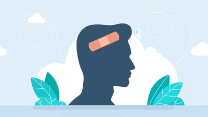 First aid concept. Psychological support. Silhouette head human with a band-aid. Face after a fight, bruises, and contusion. Man with brutally beaten face, physical violence. 2d flat animation