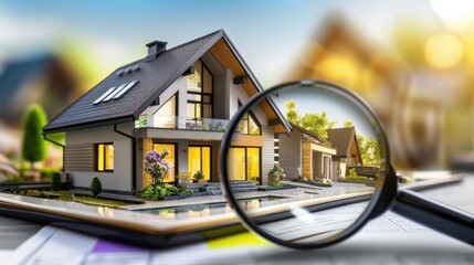 Checking and searching home with magnifying glass. Choice of house to buy and invest in. Concept of real estate inspection, appraisal, property, land valuation, house search