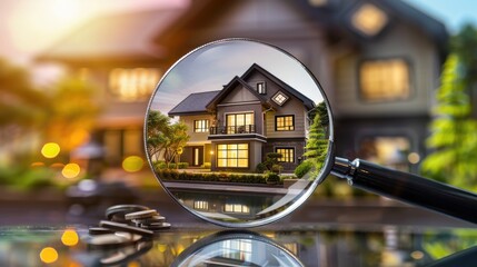 Checking and searching home with magnifying glass. Choice of house to buy and invest in. Concept of real estate inspection, appraisal, property, land valuation, house search