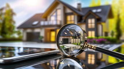 Checking and searching home with magnifying glass. Choice of house to buy and invest in. Concept of real estate inspection, appraisal, property, land valuation, house search