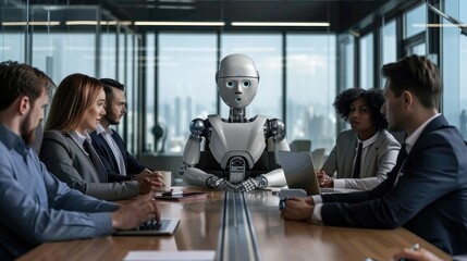 AI Robot meeting with executives in office. IT team of future. Futuristic worker. Giving business guidance