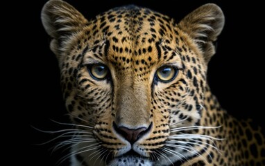 Fototapeta premium a close up of a leopard's face on a dark background with a black background,