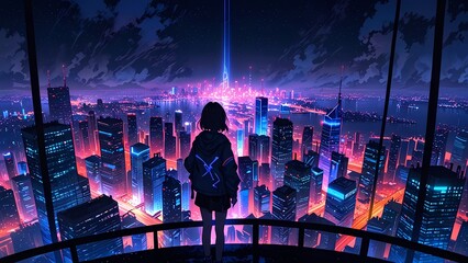 Anime illustration, anime lo-fi background scene of neon city light , neon city drone view