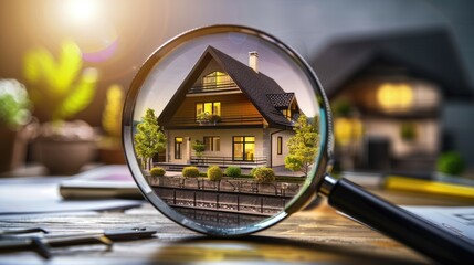 Checking and searching home with magnifying glass. Choice of house to buy and invest in. Concept of real estate inspection, appraisal, property, land valuation, house search