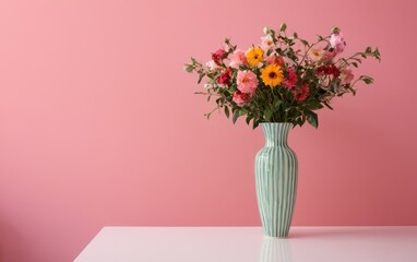 Fototapeta premium a vase filled with lots of flowers on top of a white table next to a pink wall,
