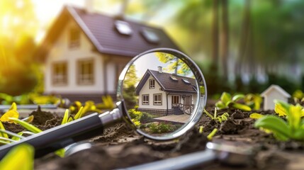 Checking and searching home with magnifying glass. Choice of house to buy and invest in. Concept of real estate inspection, appraisal, property, land valuation, house search