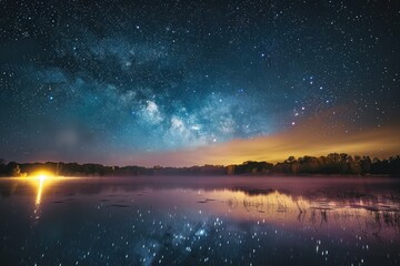 Fototapeta premium Evaporation Over River Lake At Night. Milky Way Galaxy In Night Starry Sky Above Lake River Landscape At Night. Glowing Stars Above Summer Nature