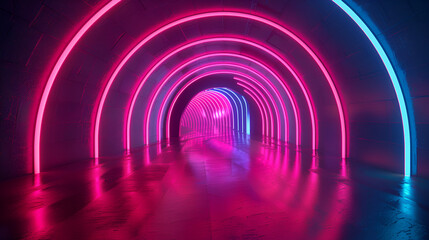 Obraz premium Tunnel with neon lights, Futuristic background, Round tunnel podium abstract background, Violet light reflection stage,3d render, 3d rendering of glowing neon ring and dark blue purple background 