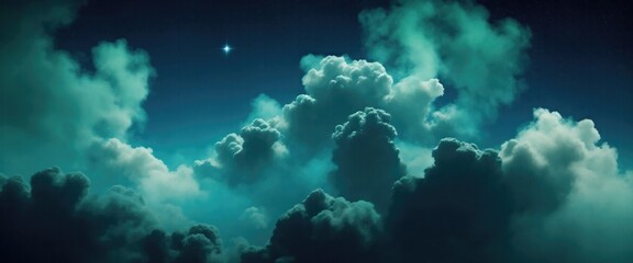 Fototapeta premium Green and blue cloudy sky with smoke background with stars