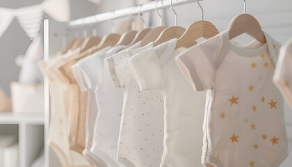 Baby bodysuits hanging on rack near white wall, closeup