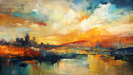 Naklejka premium Abstract watercolor painting of a city skyline at sunset