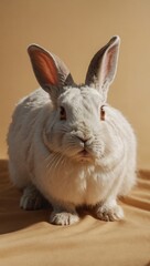 A white rabbit sits on a beige fabric with golden hour lighting illuminating its fluffy fur