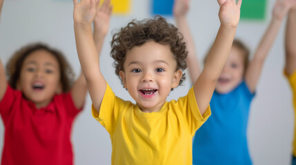 'children participating in a kindergarten dance activity, following the teacher’s movements, fun and lively' 