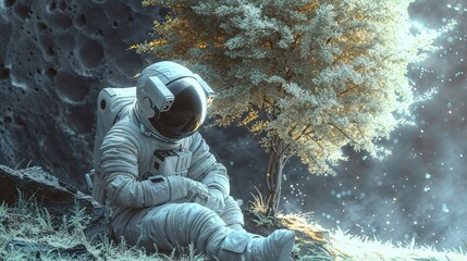 Lonely Astronaut in the Natural World. Exploration Concept with Spaceman and Tree.