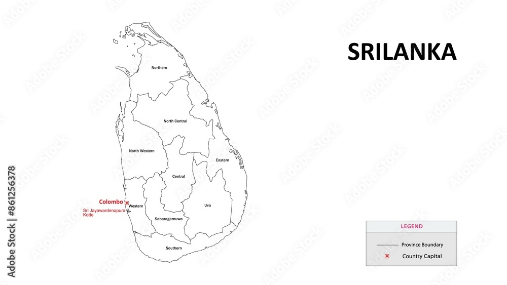 Poster Sri Lanka Map. State and district map of Sri Lanka. Administrative map of Sri Lanka with states and boundaries in white color.