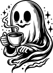 scary ghost drinking coffee sketch illustration