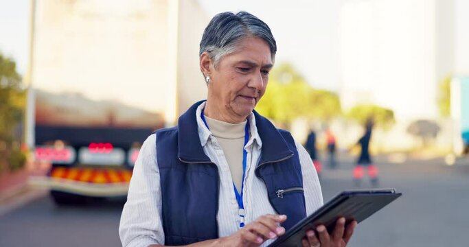 Logistics, lorry and mature woman with tablet for inspection, cargo delivery or supply chain with industrial shipping. Road, wave and worker for quality control, freight lorry or export distribution
